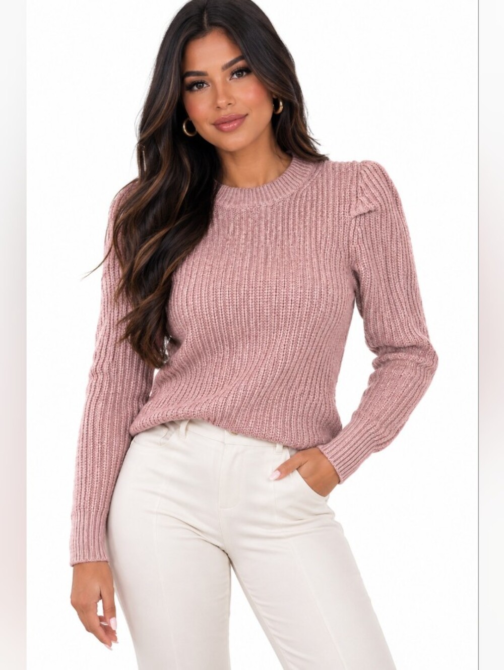 Classic Ribbed Puff-Sleeve Sweater - Dusty Rose